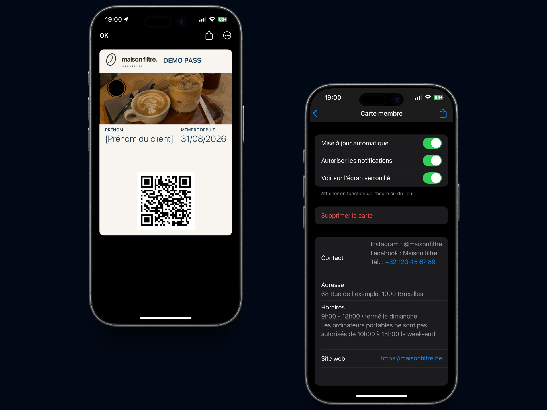 Mockup de carte de fidélité digitale sur deux iPhones : recto avec tampons et QR code, verso avec informations d’établissement